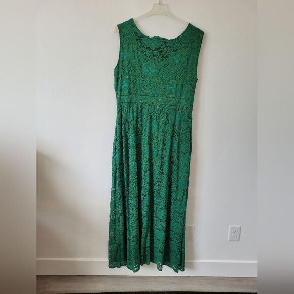 Emerald Green Lace Maxi Dress Plus Size XXL Sleeveless Pockets Formal Wedding - Picture 5 of 9